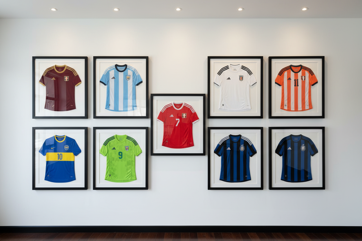 Un tableau avec plusieurs maillots de football encadré 